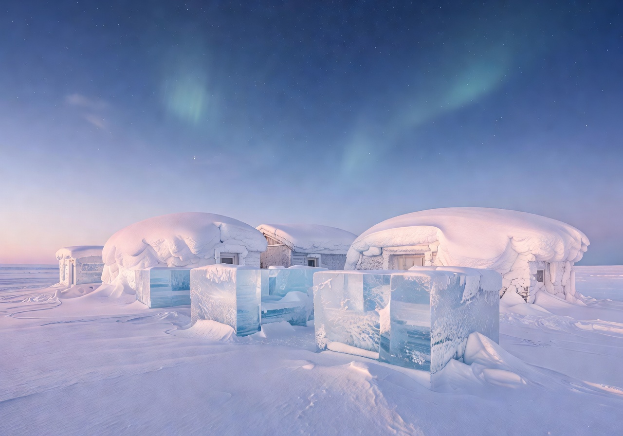 Arctic SnowHotel ice sauna structures with snow-covered buildings under Arctic sky