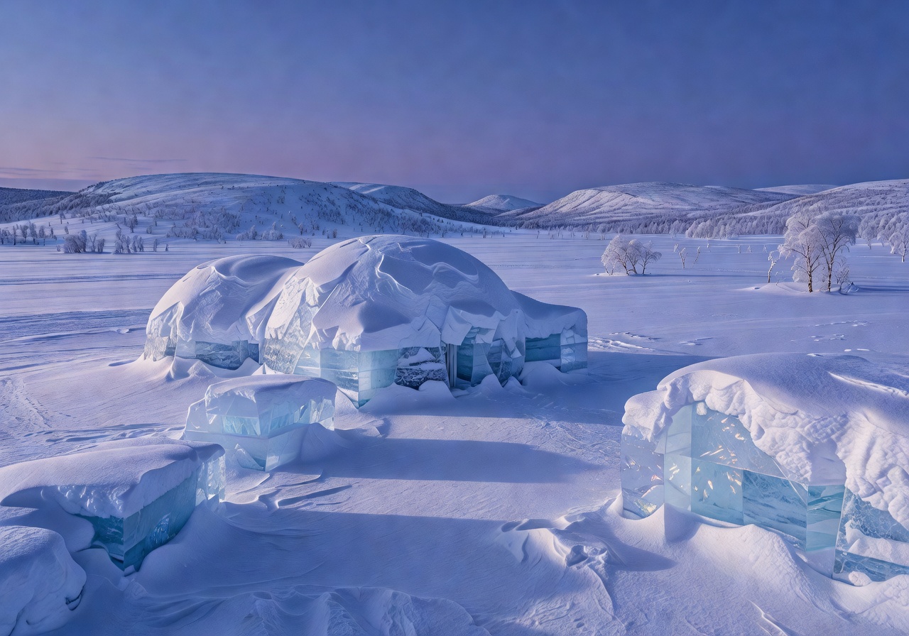 Arctic SnowHotel ice structures in snowy Lapland landscape near Rovaniemi
