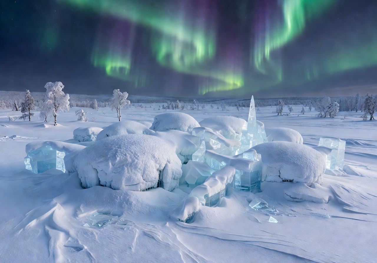 Arctic SnowHotel snow-covered buildings and ice structures in Lapland wilderness near Rovaniemi