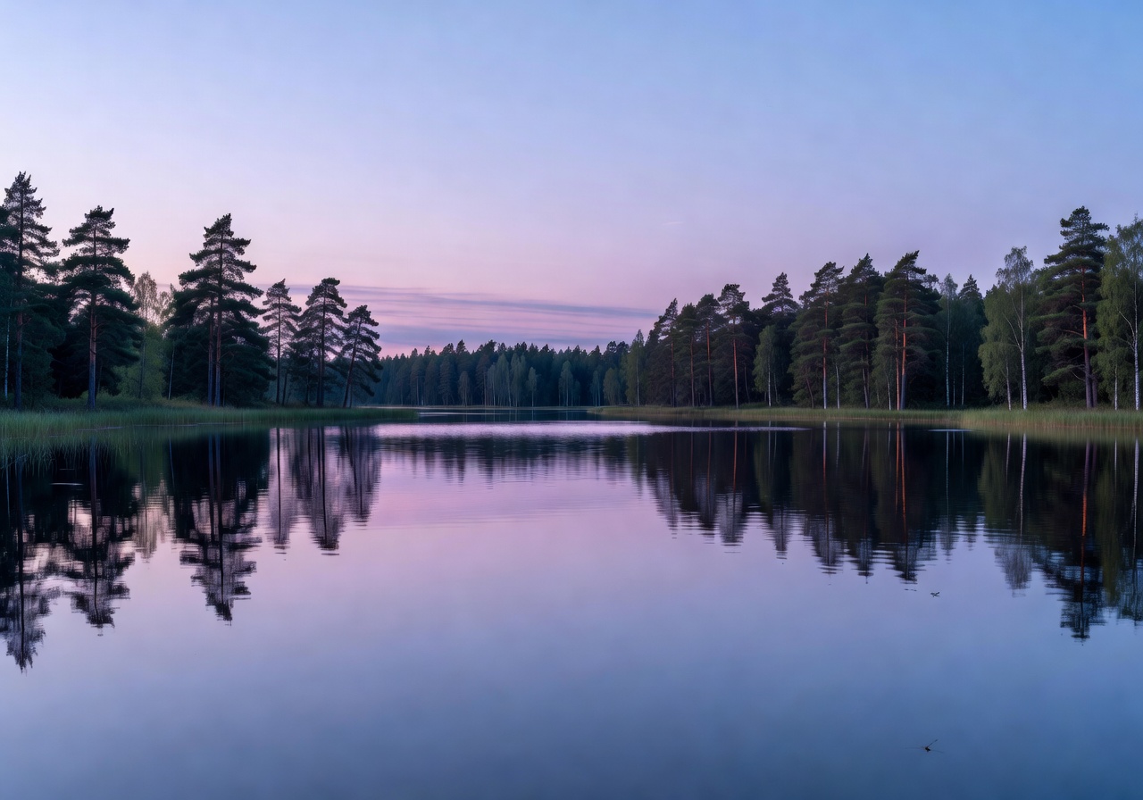 Calm Finnish lake at twilight with soft purple and blue reflections and forest silhouette