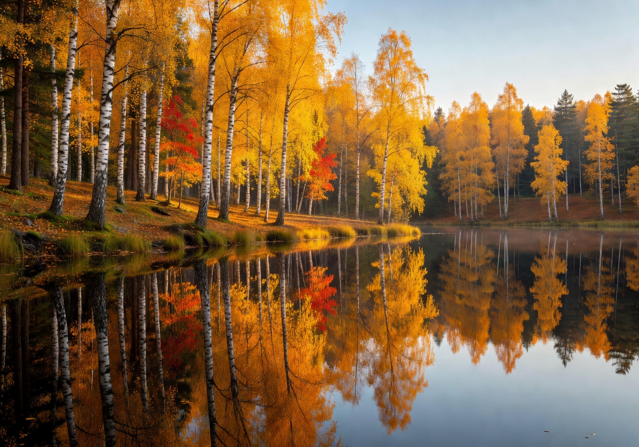 Finnish birch forest in autumn with golden leaves reflecting in a still lake