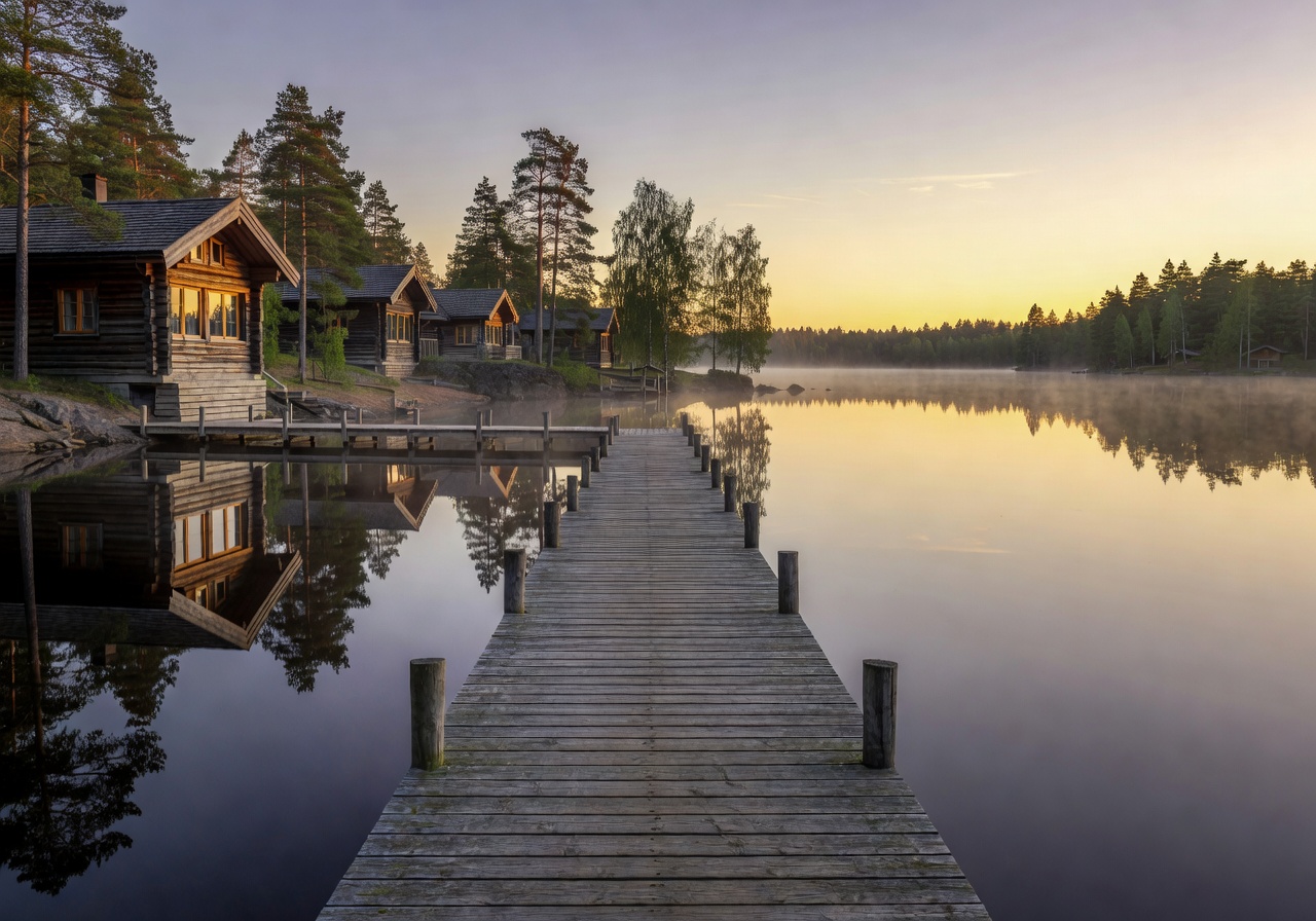Järvisydän lakeside spa resort with wooden dock extending into serene Finnish lake