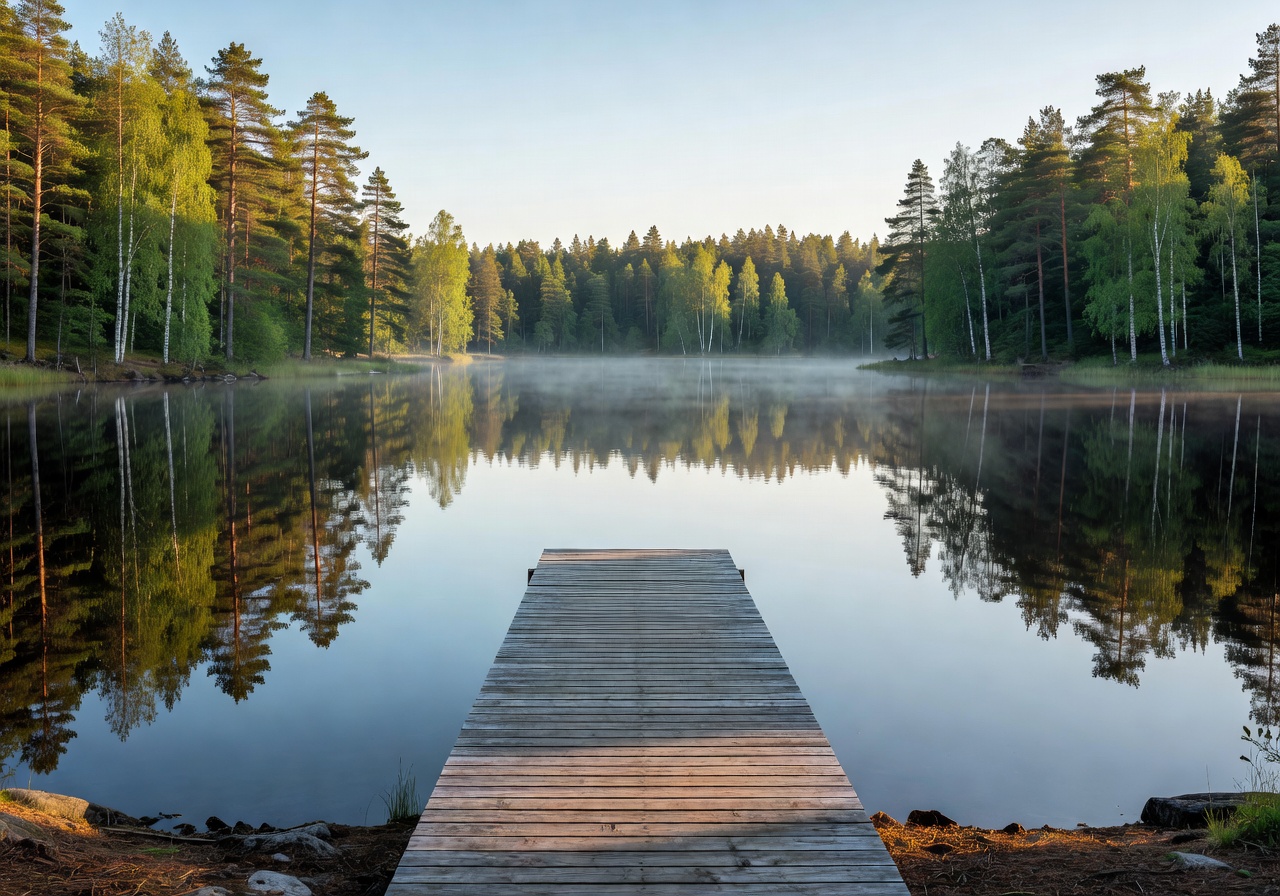 Järvisydän resort lakeside view with wooden dock leading to calm Finnish lake surrounded by forest
