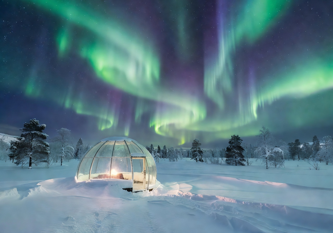 Kakslauttanen Arctic Resort glass igloo under the Northern Lights in Finnish Lapland