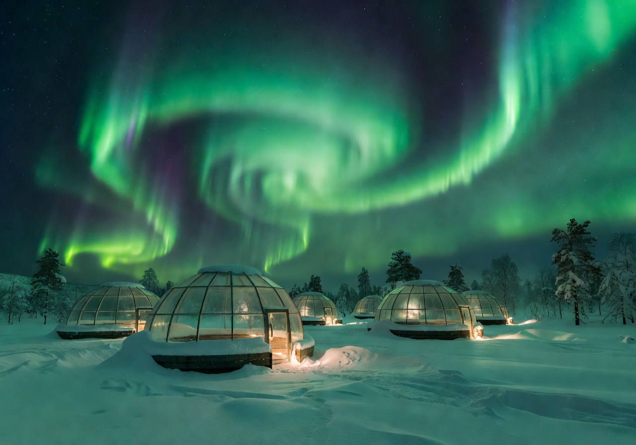 Kakslauttanen glass igloo under green Northern Lights in Arctic Lapland winter
