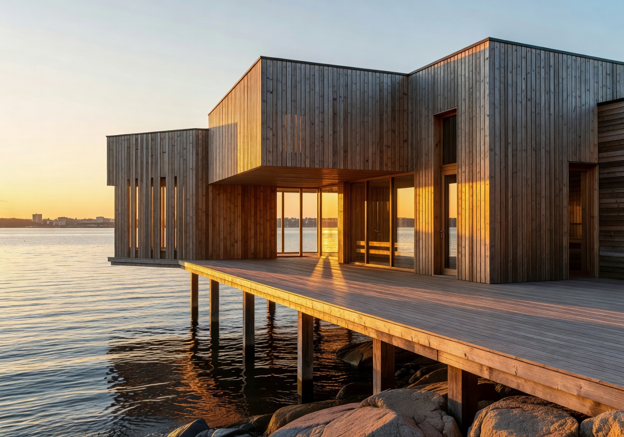Löyly Helsinki modern wooden sauna building stretching over the Baltic Sea waterfront at golden hour