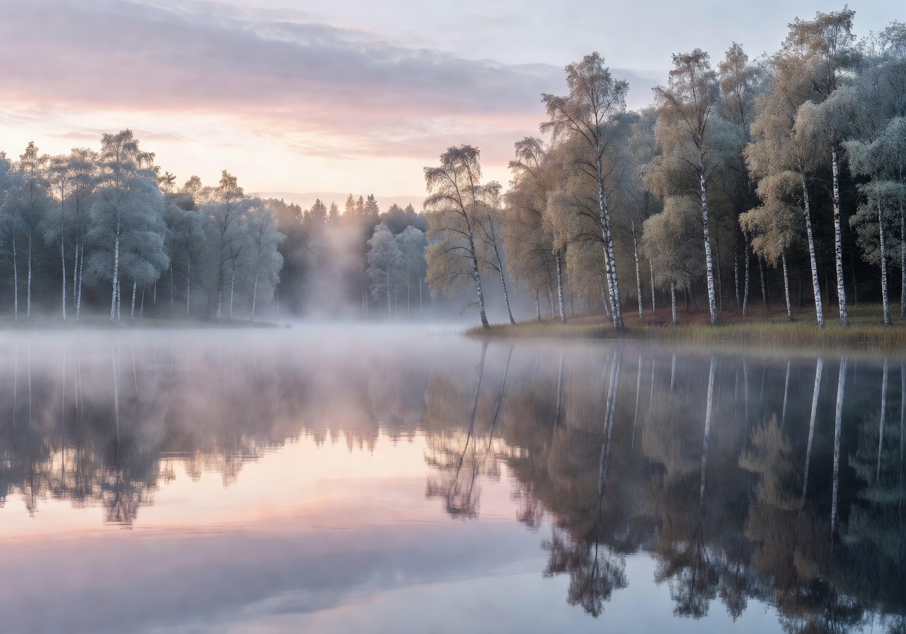 Misty Finnish lake surrounded by birch forest at dawn with calm reflections