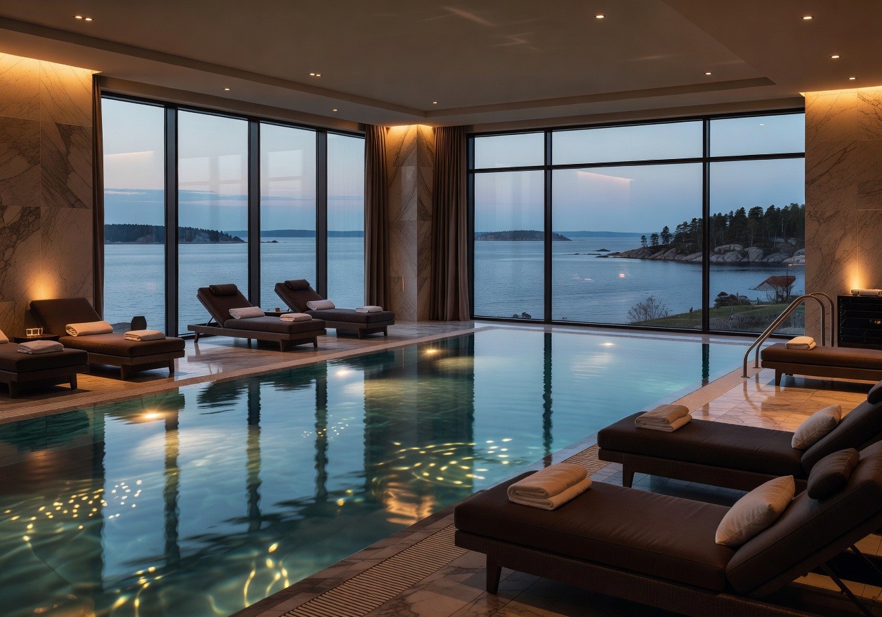 Naantali Spa Hotel luxurious pool area with warm lighting overlooking the Finnish seaside