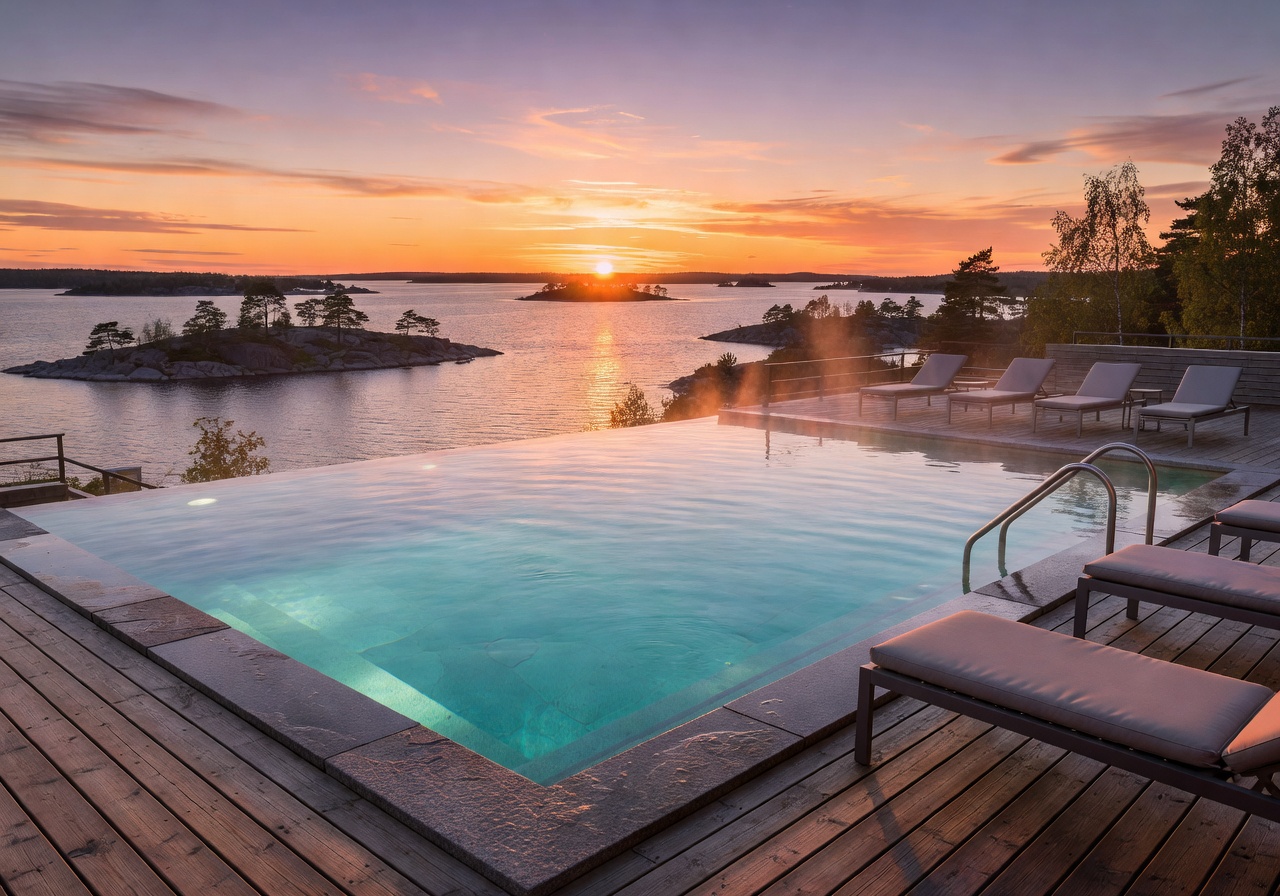 Naantali Spa Hotel outdoor pool area overlooking the Finnish archipelago at sunset