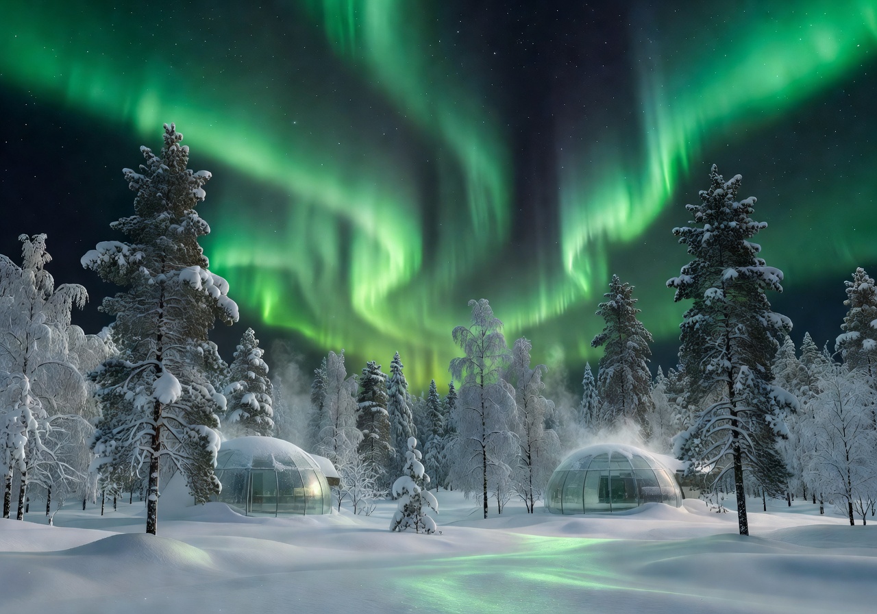 Northern Lights dancing in green over snow-covered Finnish Lapland forest at Kakslauttanen