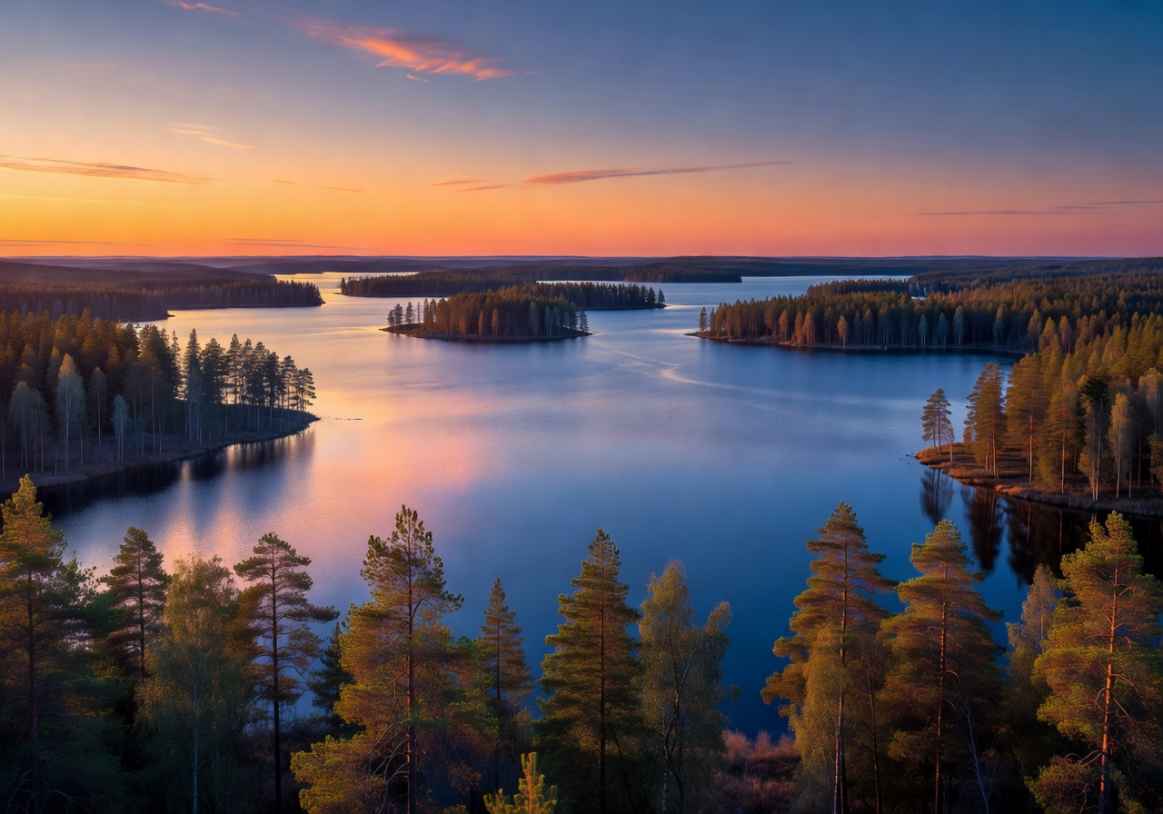 Panoramic view of Finnish Lakeland with forests and calm blue waters at sunset