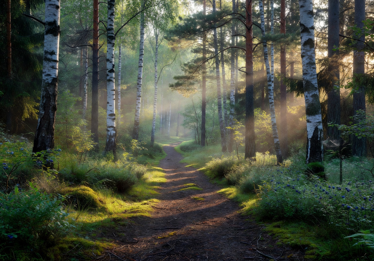 Serene Finnish forest path with morning light filtering through birch trees and pine