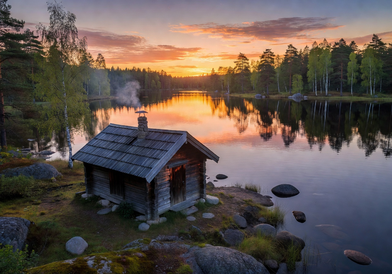 Traditional Finnish wooden sauna hut on the shores of a calm Nordic lake at sunset