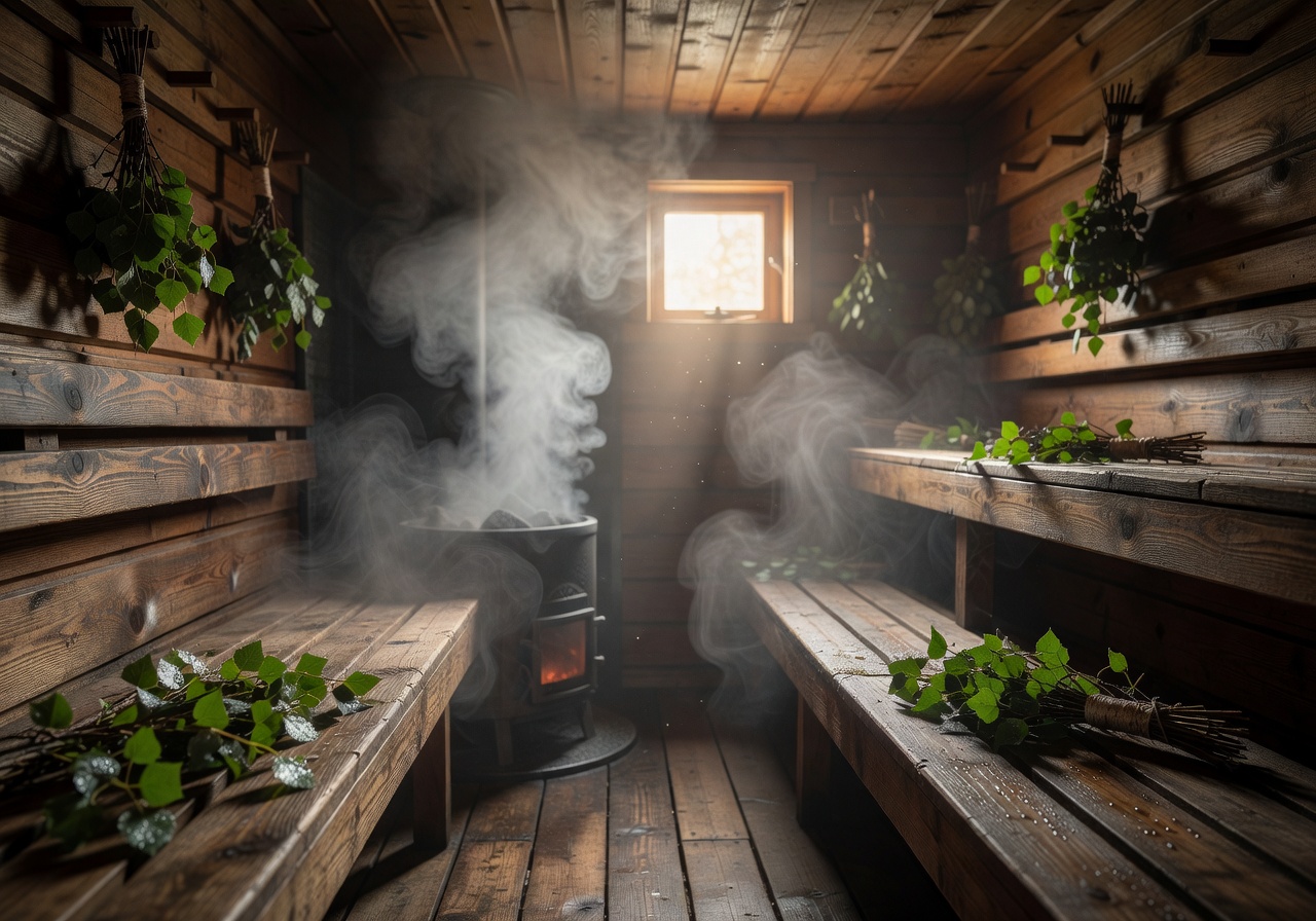 Traditional Finnish wooden sauna interior with soft steam and birch branches